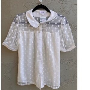 Tulip B NEW White Polka Dot Top Blouse Sheer Retro Coquette Cottagecore Doll Tea